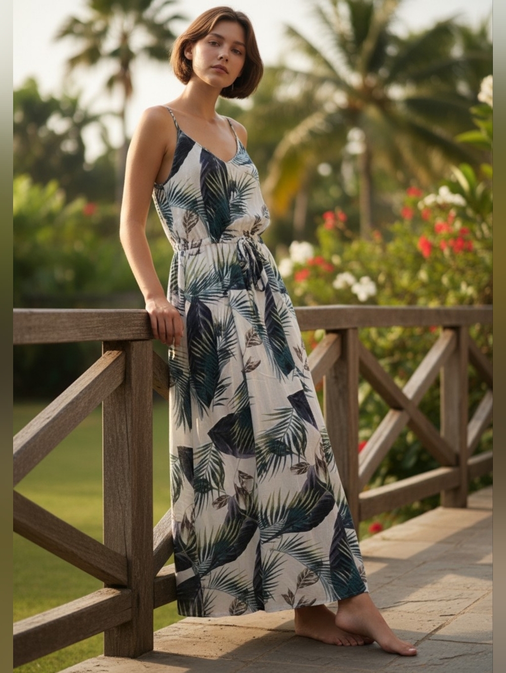 Leading Star Tropical Leaf Print Midi Dress